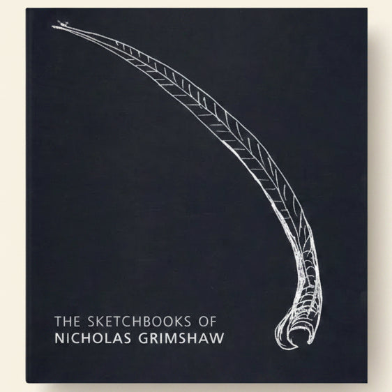 Book cover with a white line drawing of a curved object on a dark background, featuring the text 'The Sketchbooks of Nicholas Grimshaw'.