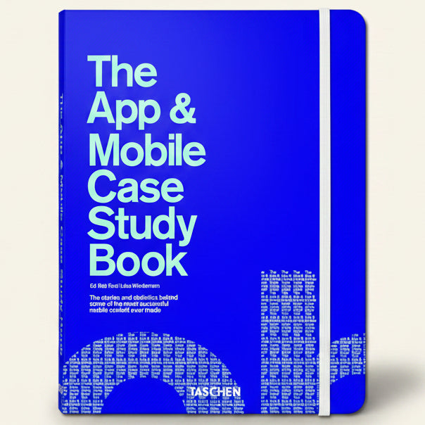 Blue book titled 'The App & Mobile Case Study Book' with white text on a blue background