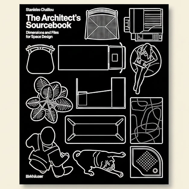 Book cover of 'The Architect's Sourcebook' with line drawings on a black background