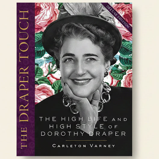 Book cover featuring a woman with decorative floral elements and text about Dorothy Draper.