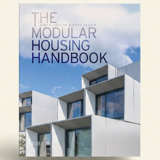 Book cover of 'The Modular Housing Handbook' with modern architectural design and blue sky.