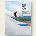Person jumping off a modern architectural structure with mountains and water in the background, featuring text about architecture and happiness.