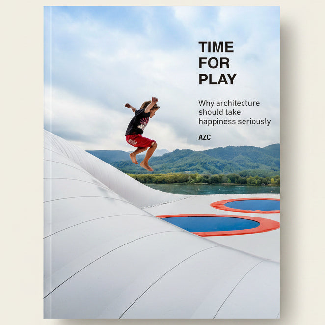 Person jumping off a modern architectural structure with mountains and water in the background, featuring text about architecture and happiness.