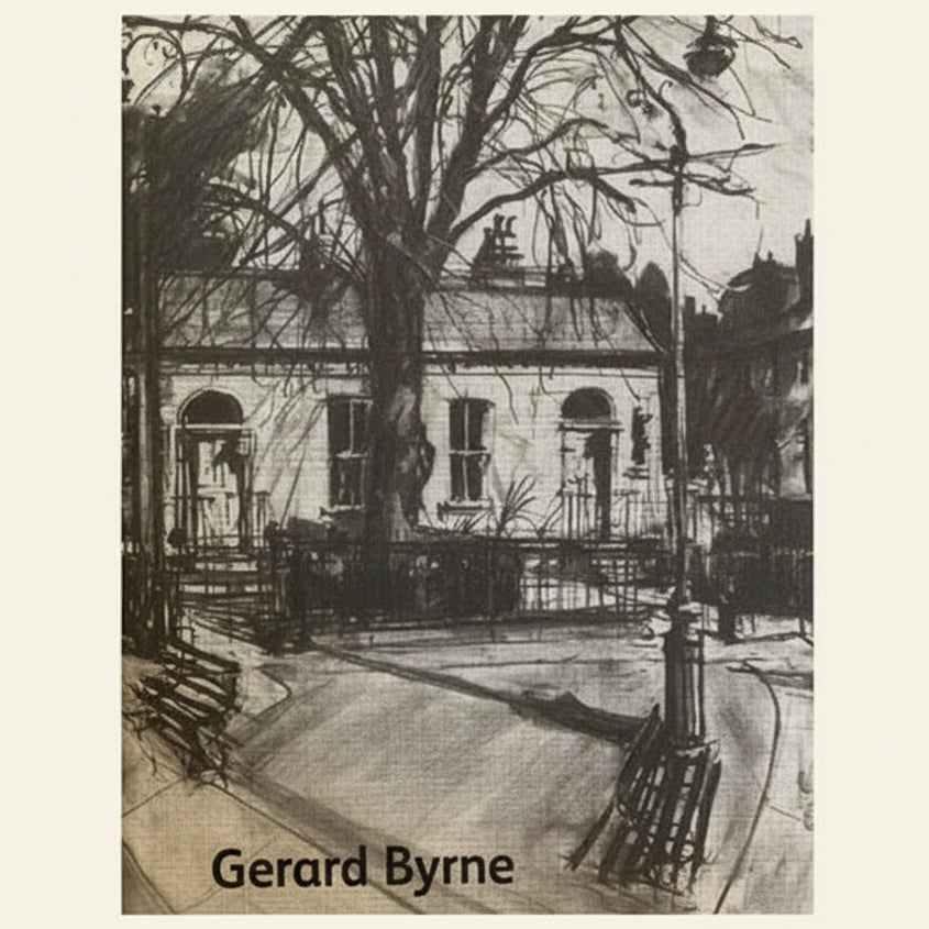 Artistic depiction of a house with trees and a bench, signed 'Gerard Byrne'.