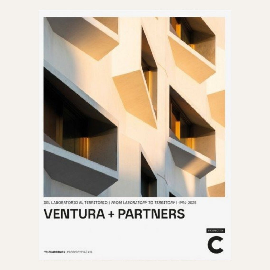 A minimalist poster or print featuring a modernist architectural photograph of a building facade with geometric sunlit forms. Below the photo, black text reads 'VENTURA + PARTNERS' with smaller text above and a circular logo at bottom right, all on a white background.