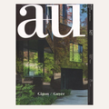 A magazine or book cover featuring a modern building facade with large glass windows and surrounding greenery. The title 'au' appears prominently in oversized white letters across the top, with smaller text reading 'Gigon / Guyer' near the bottom and a vertical issue/price text on the right side.