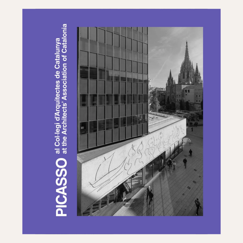 A square art print or poster featuring a black-and-white architectural photograph of a modern building and plaza, with a purple border and vertical white text reading 'PICASSO' and 'al Col·legi d'Arquitectes de Catalunya / the Architects' Association of Catalonia.'.