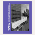 A square art print or poster featuring a black-and-white architectural photograph of a modern building and plaza, with a purple border and vertical white text reading 'PICASSO' and 'al Col·legi d'Arquitectes de Catalunya / the Architects' Association of Catalonia.'.