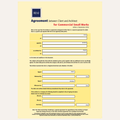 A document template titled 'Agreement between Client and Architect for Commercial Small Works' with the RAI logo at the top, printed on a pale yellow page with black and red text and fill-in fields.