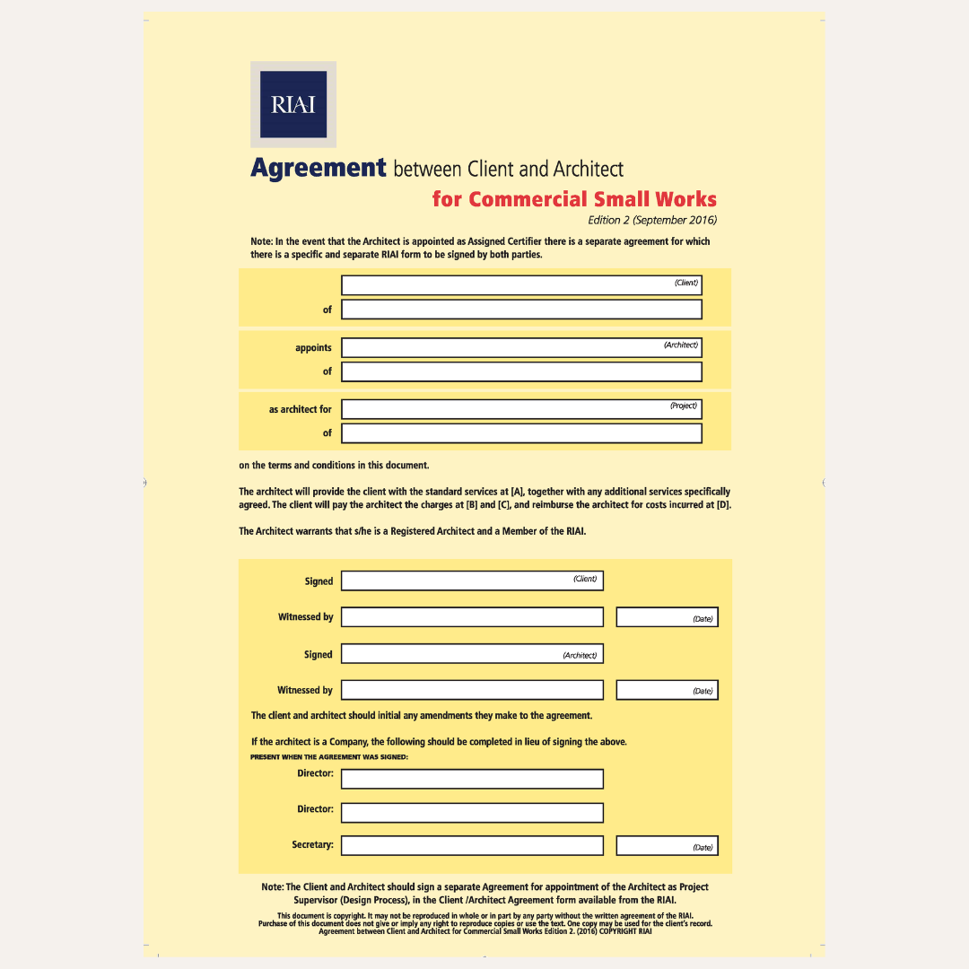 A document template titled 'Agreement between Client and Architect for Commercial Small Works' with the RAI logo at the top, printed on a pale yellow page with black and red text and fill-in fields.