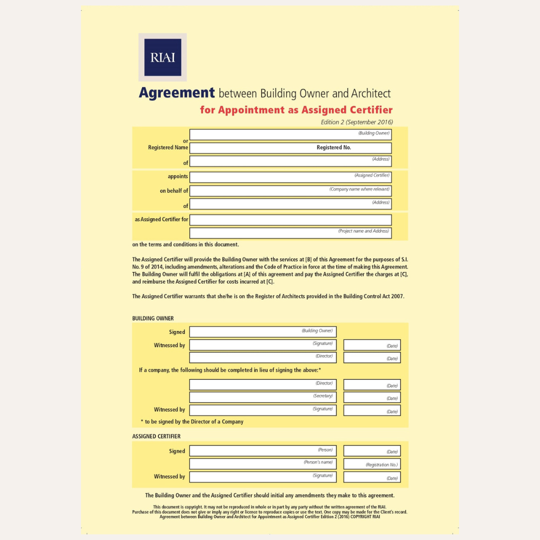 A document form titled 'Agreement between Building Owner and Architect for Appointment as Assigned Certifier' with the RIA logo at the top, printed on a pale yellow background. The form includes fields for registered names, dates, signatures, and building owner details, presented as a clean flat document preview.