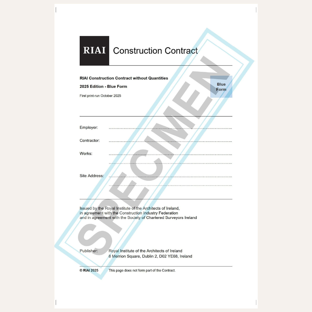 A document page for the RIAI Construction Contract without Quantities, 2023 Edition - Blue Forms, with a large diagonal blue 'SPECIMEN' watermark across the page on a light gray background.