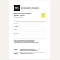 A document page titled 'RIA Construction Contract' with black text on a white sheet, including fields for employer, contractor, works, and site address, plus a small yellow box labeled 'Yellow Form'.