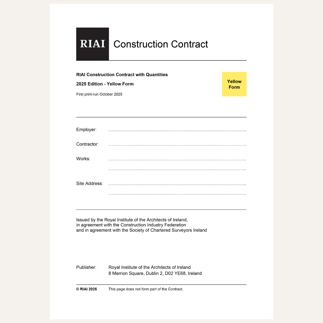 A document page titled 'RIA Construction Contract' with black text on a white sheet, including fields for employer, contractor, works, and site address, plus a small yellow box labeled 'Yellow Form'.