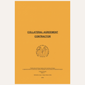 A document cover page with a solid mustard-yellow background, black text reading 'COLLATERAL AGREEMENT CONTRACTOR,' and a circular institutional seal near the lower center.