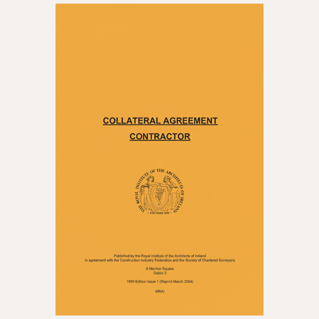 A document cover page with a solid mustard-yellow background, black text reading 'COLLATERAL AGREEMENT CONTRACTOR,' and a circular institutional seal near the lower center.