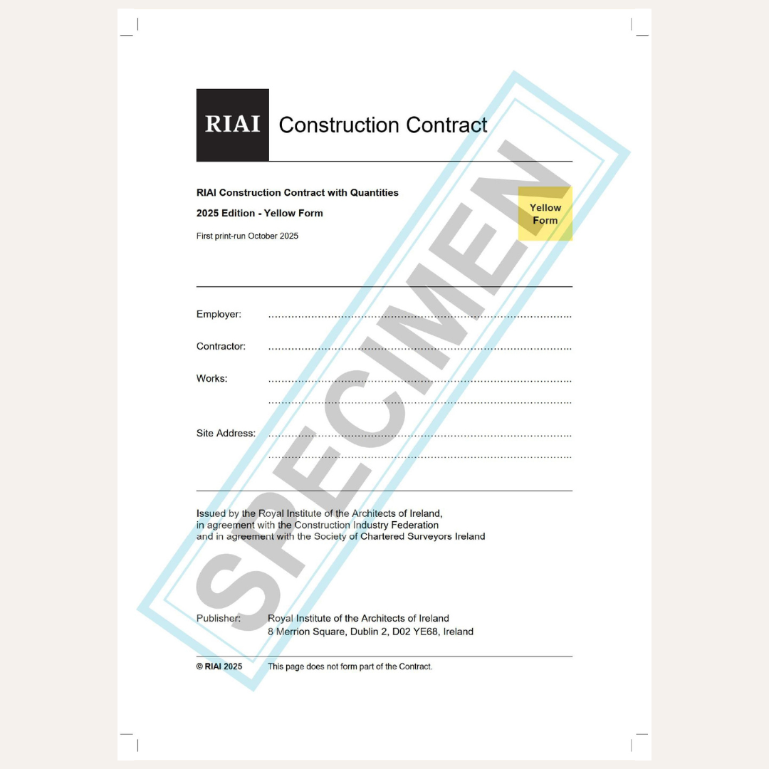 A digital preview of a RIAI Construction Contract template, specifically the Yellow Form specimen. The document features black text and a black logo block on a white page, with a yellow label indicating 'Yellow Form' and a large diagonal blue-gray watermark reading 'SPECIMEN'.