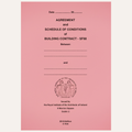 A pink document page titled 'Agreement and Schedule of Conditions of Building Contract - SF88' with black text, dotted lines for date and party details, and the Royal Institute of the Architects of Ireland seal at the bottom.