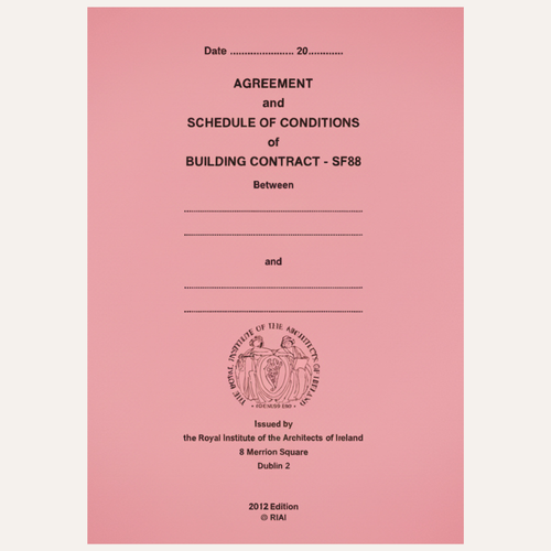 A pink document page titled 'Agreement and Schedule of Conditions of Building Contract - SF88' with black text, dotted lines for date and party details, and the Royal Institute of the Architects of Ireland seal at the bottom.