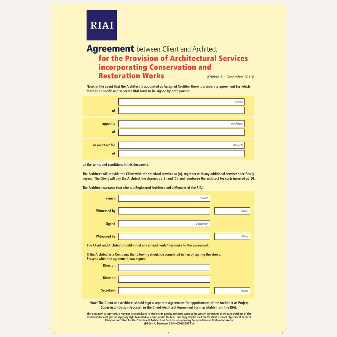 A digital document template titled 'Agreement between Client and Architect for the Provision of Architectural Services Incorporating Conservation and Restoration Works', dated December 2018. The form features a pale yellow background with black text and white fill-in boxes for signatures and dates.