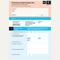 A digital template for a Preliminary Health & Safety Plan for a client and architect, featuring a clean layout with a peach header, blue accents, and white text fields.