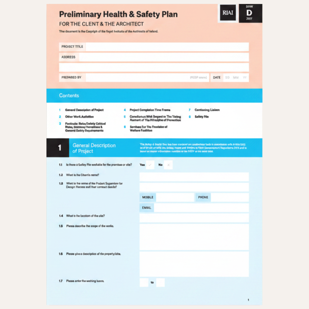 A digital template for a Preliminary Health & Safety Plan for a client and architect, featuring a clean layout with a peach header, blue accents, and white text fields.