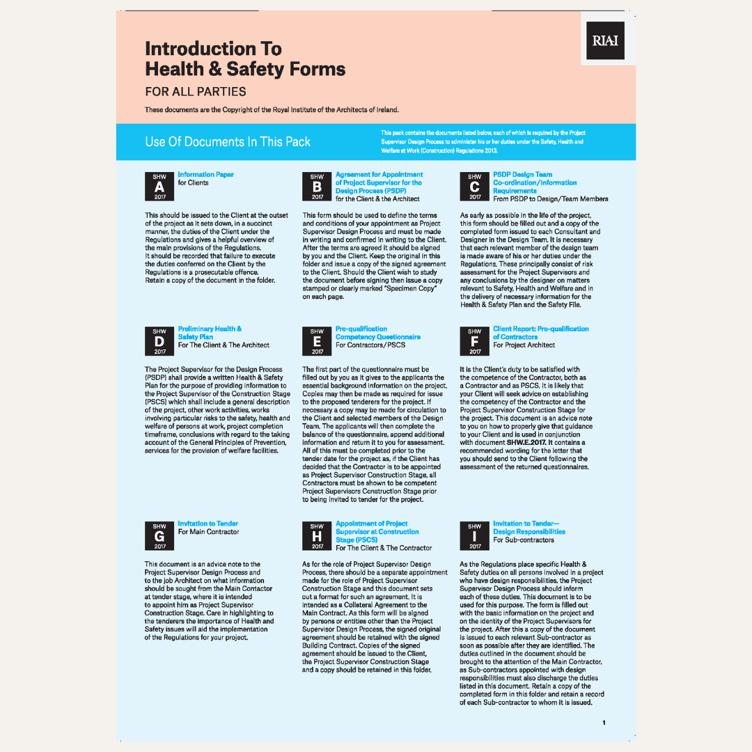 A document pack titled 'Introduction To Health & Safety Forms For All Parties' with a light peach header and multiple blue-form style pages below, shown as a clean flat product shot on a white background.