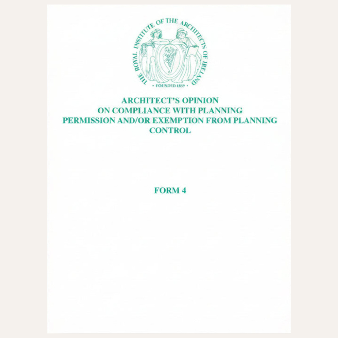 A white document form cover with a teal seal at the top and teal text reading 'ARCHITECT'S OPINION ON COMPLIANCE WITH PLANNING PERMISSION AND/OR EXEMPTION FROM PLANNING CONTROL' and 'FORM 4'.