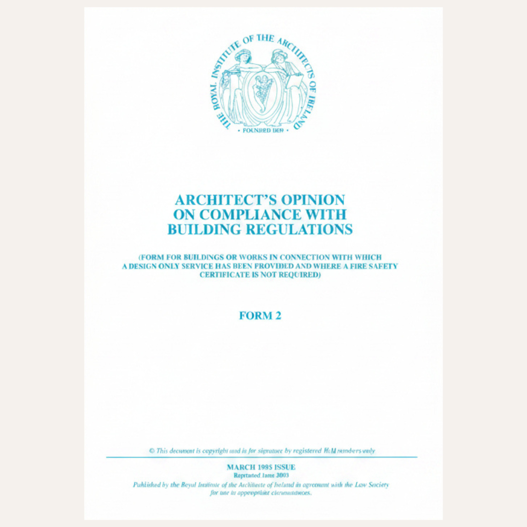 A white document form titled 'ARCHITECT'S OPINION ON COMPLIANCE WITH BUILDING REGULATIONS' with blue text and a circular Institute of the Architect of Canada seal at the top, shown against a light beige background.