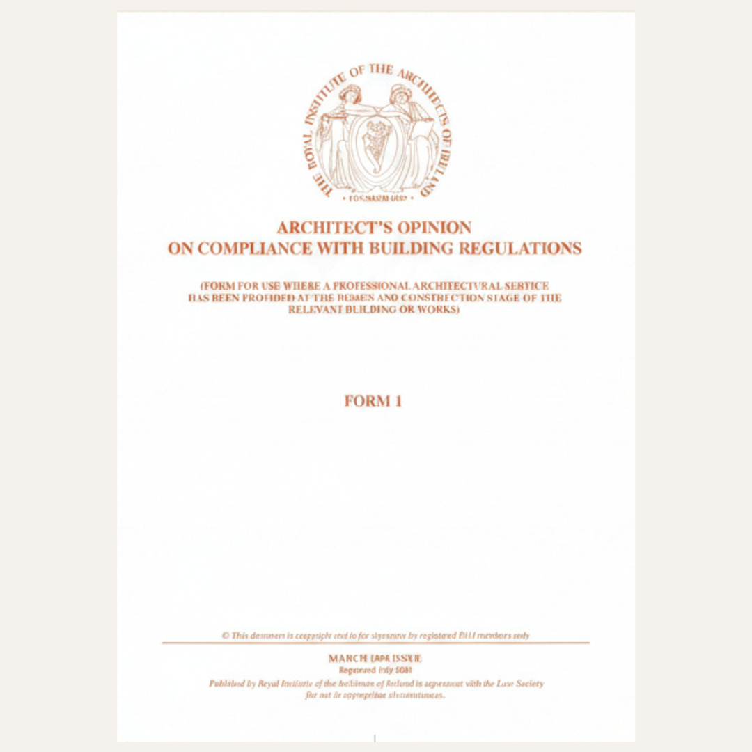 A white document form titled 'Architect's Opinion on Compliance with Building Regulations' with a circular Royal Institute of British Architects seal at the top and orange text, shown against a light beige background.