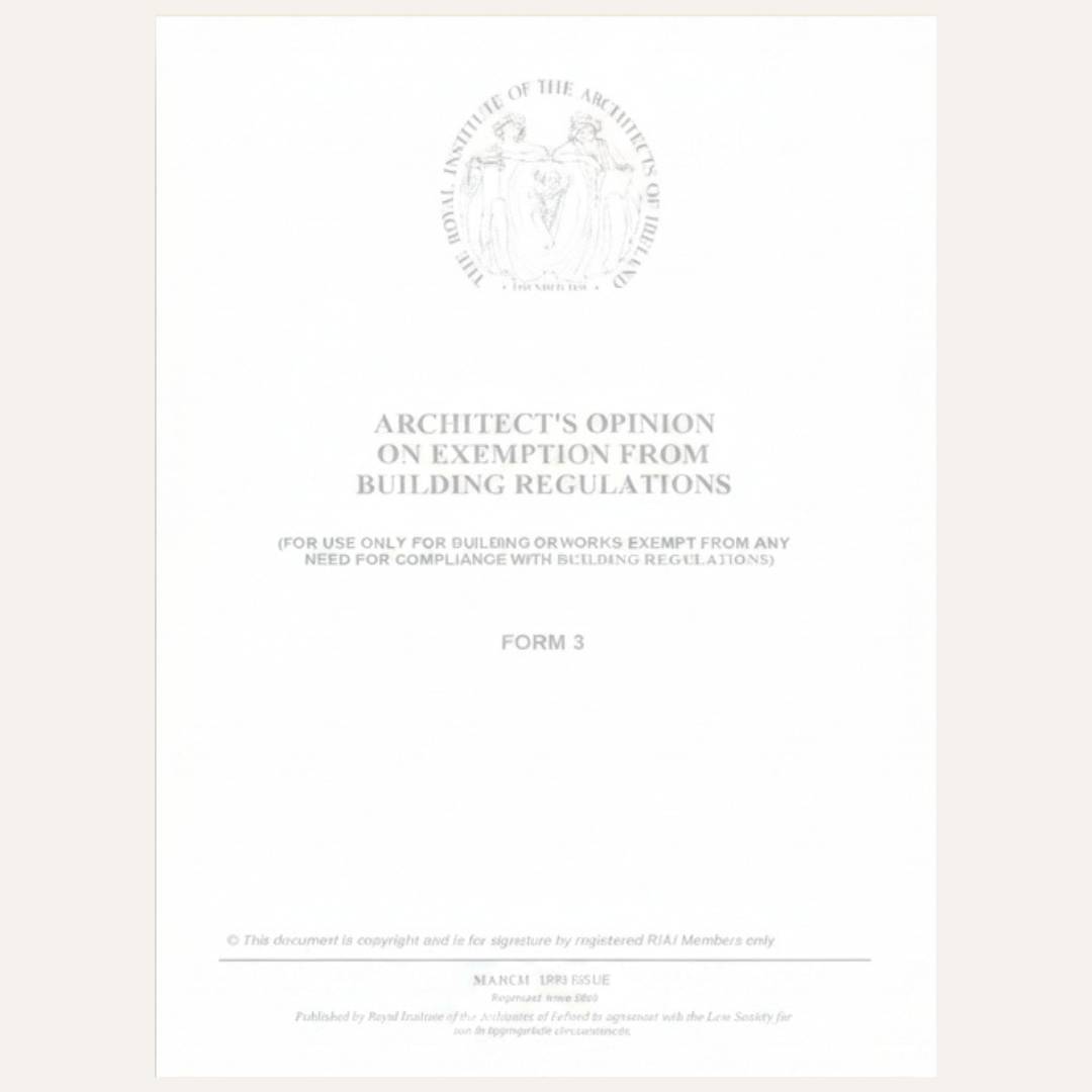 A white document form titled 'ARCHITECT'S OPINION ON EXEMPTION FROM BUILDING REGULATIONS' with a circular architectural seal at the top and small text at the bottom, centered on a light beige background.