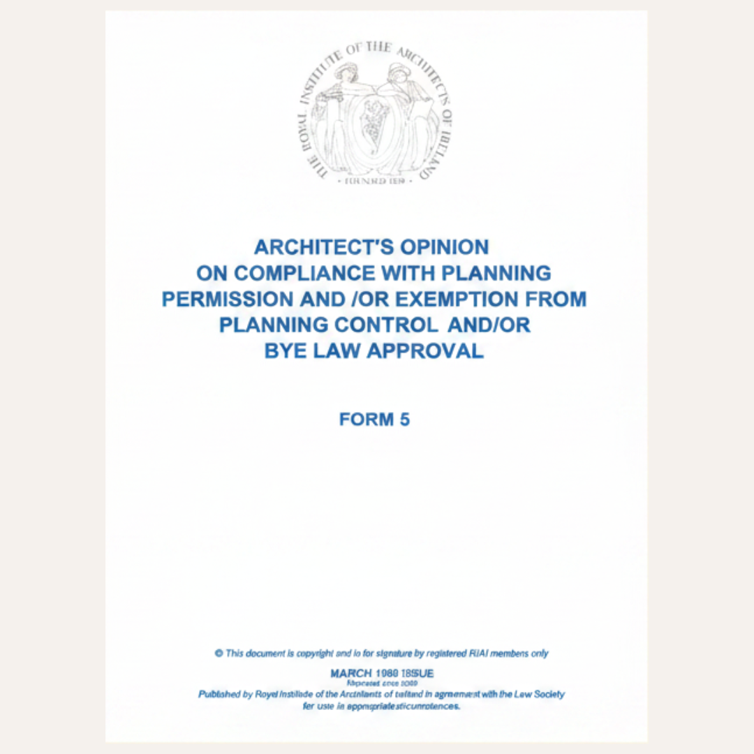 A document cover page titled 'ARCHITECT'S OPINION ON COMPLIANCE WITH PLANNING PERMISSION AND / OR EXEMPTION FROM PLANNING CONTROL AND/OR BYE LAW APPROVAL FORM 5' with the Architect of the United States seal at the top, on a white page with a light beige border.