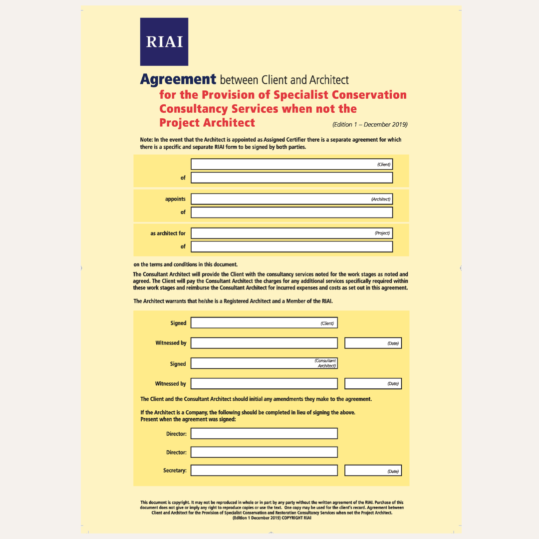 A yellow legal document template titled 'Agreement between Client and Architect for the Provision of Specialist Conservation Consultancy Services when not the Project Architect' with the RIAI logo at the top, shown on a white background.