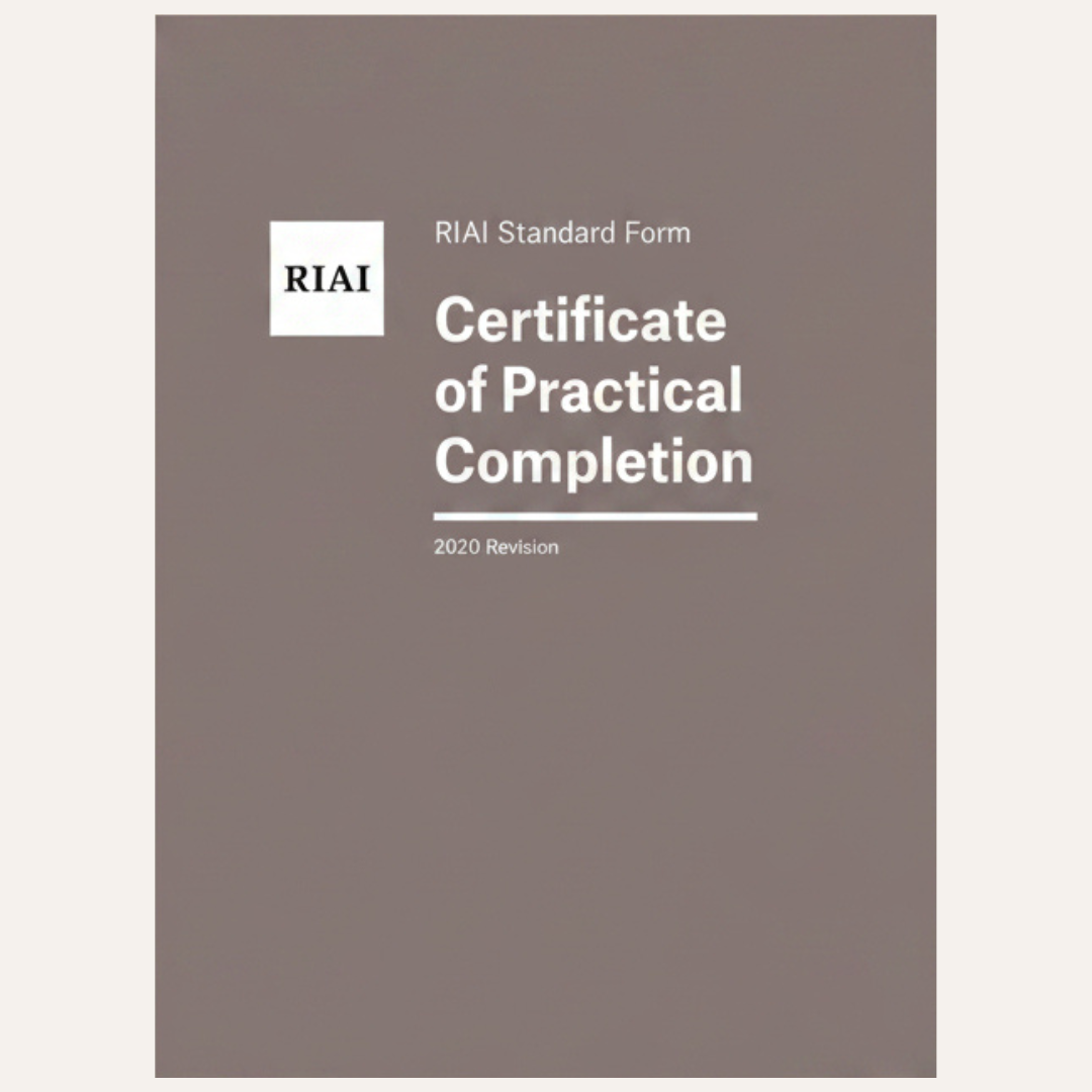 A flat, front-facing document cover reading 'Certificate of Practical Completion' with 'RIAI Standard Form' and '2020 Revision' on a taupe-brown background, centered on a light off-white field.