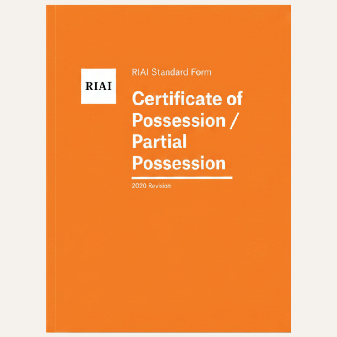 An orange document cover for a RIAI Standard Form Certificate of Possession / Partial Possession, 2020 Revision, shown centered on a light gray background.