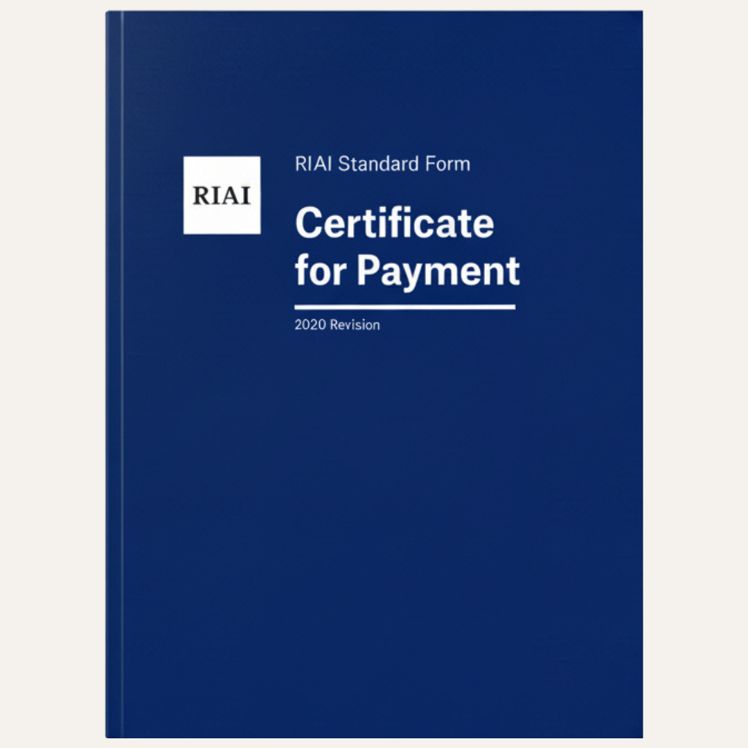 A blue document cover labeled 'Certificate for Payment' with 'RIA Standard Form' and the RIA logo, shown on a light gray background.