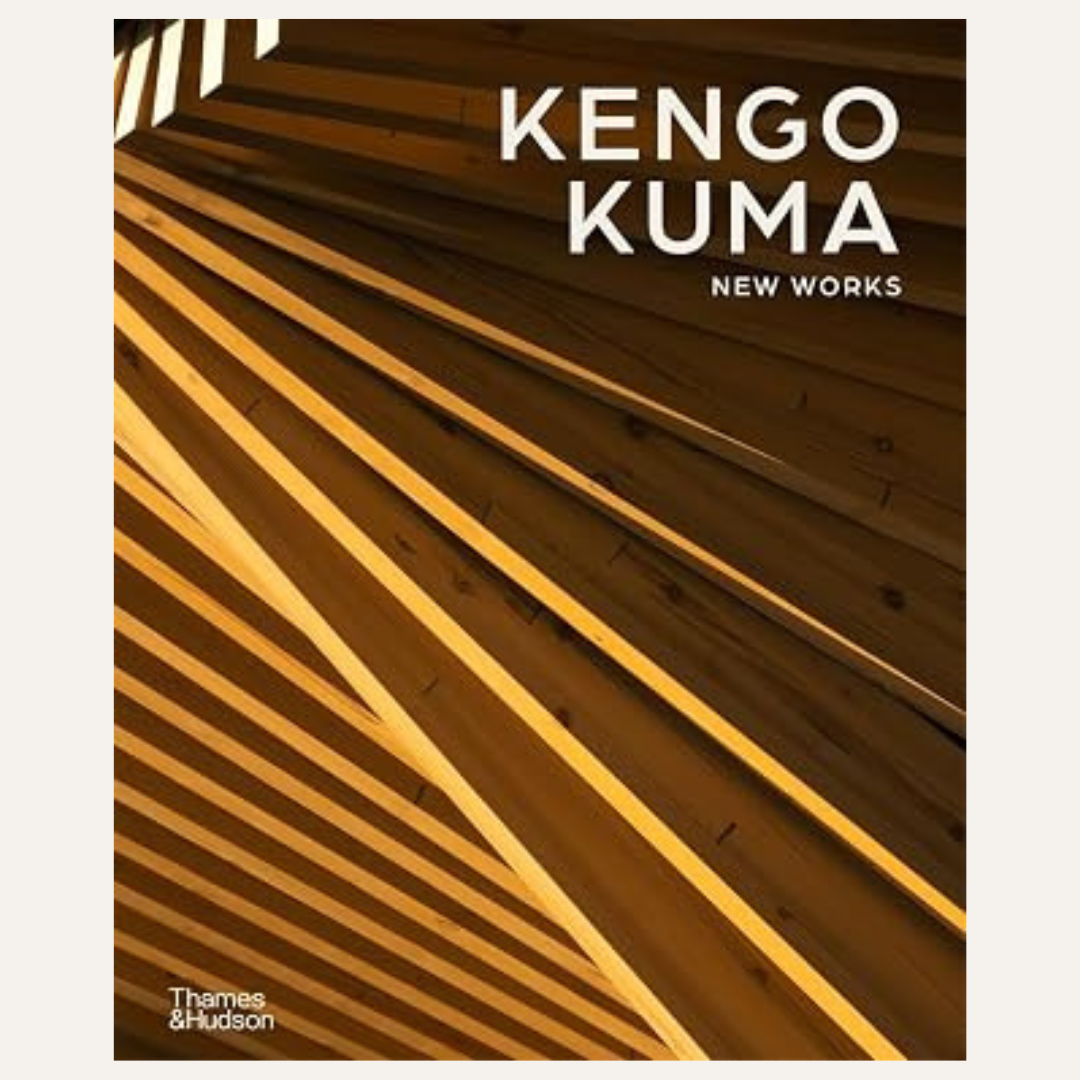 Book cover for 'Kengo Kuma: New Works' featuring a modern architectural design with diagonal wooden slats in warm brown and golden tones, with white text. Published by Thames & Hudson.