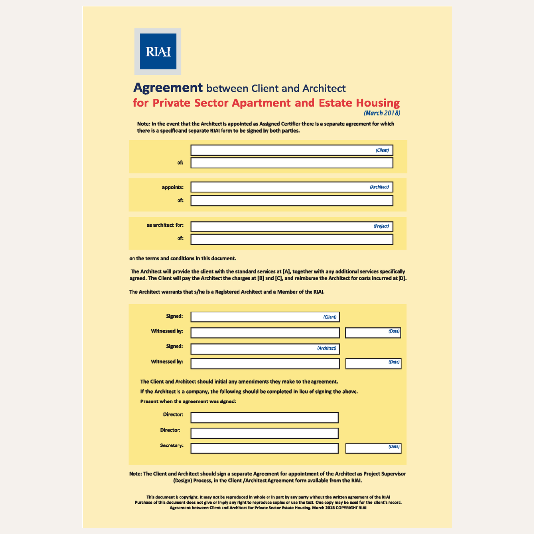 A document page titled 'Agreement between Client and Architect for Private Sector Apartment and Estate Housing' with the RIA logo at the top, printed on a pale yellow background with red and blue text.