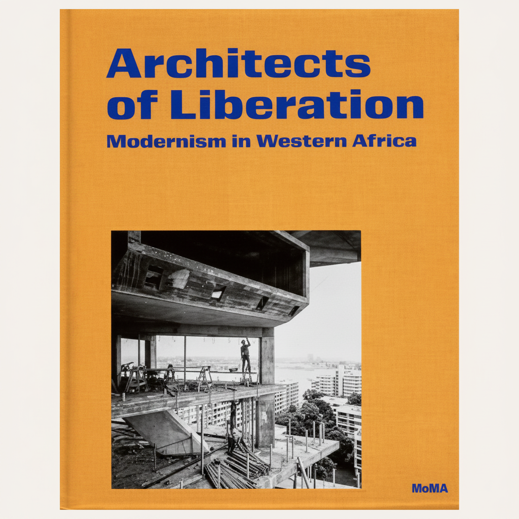 The front cover of the book 'Architects of Liberation: Modernism in Western Africa' by MoMA. The cover features a solid mustard yellow background with bold blue title text and a black-and-white architectural photograph in the lower half.
