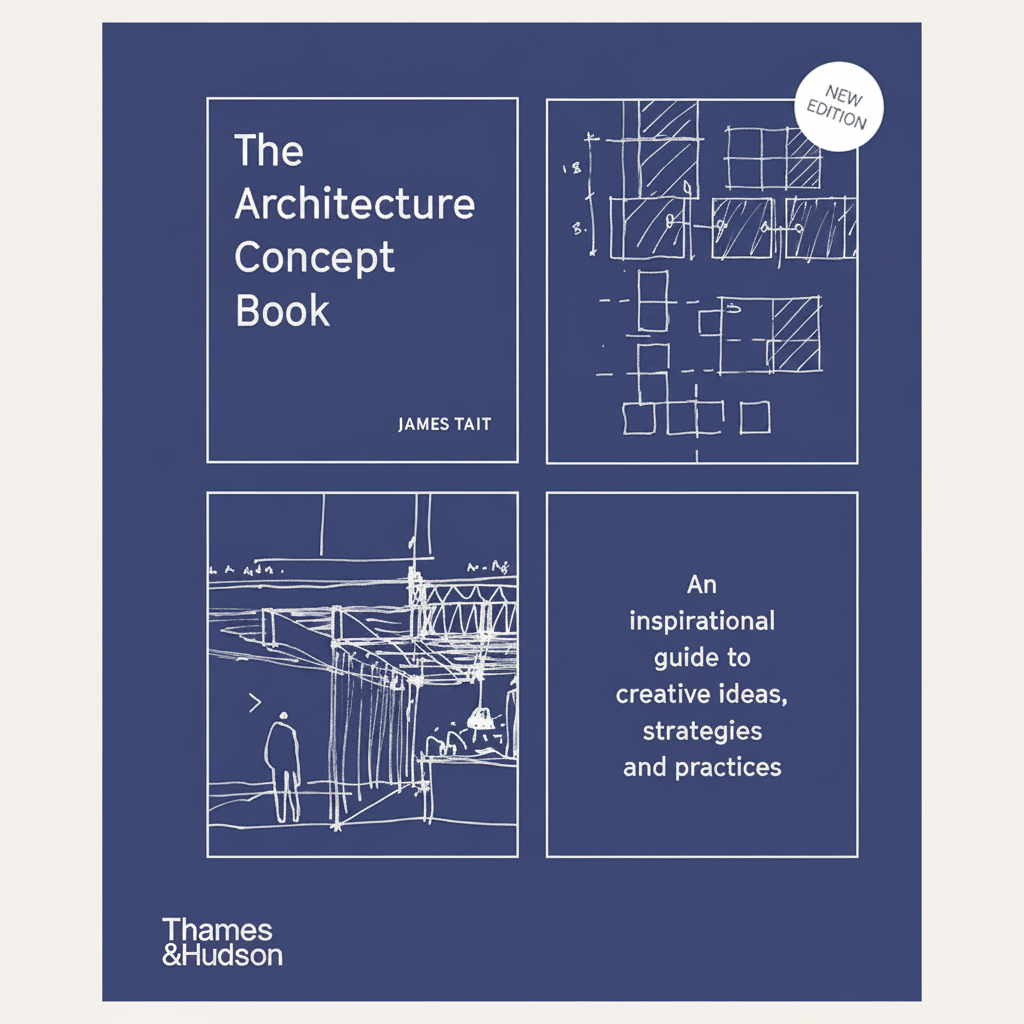 The Architecture Concept Book by James Tait, published by Thames & Hudson. The book cover is a deep navy blue with white text and architectural line drawings, featuring a white circular badge that reads 'NEW EDITION'.