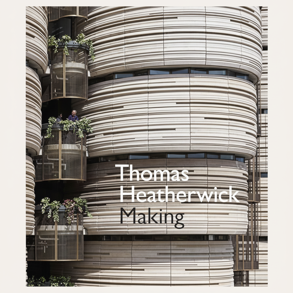Book cover for 'Making' by Thomas Heatherick, featuring a close-up photograph of a modern cylindrical building facade with horizontal wood-toned panels and small balconies with plants.