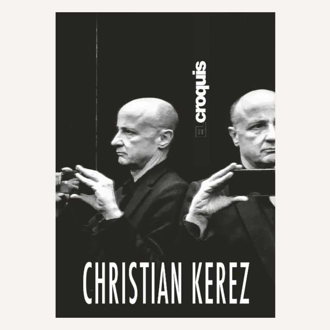 A black-and-white book cover for 'Christian Kerez' by Croquis, featuring a monochrome portrait of a bald man holding a phone, with the title and author name in large white text on a black background.