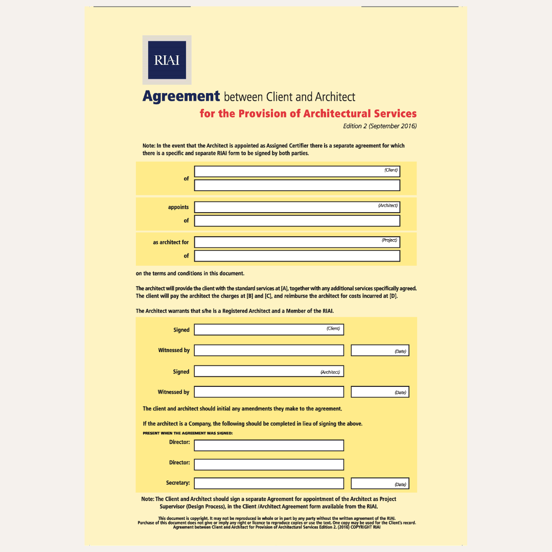 A digital document template for an 'Agreement between Client and Architect for the Provision of Architectural Services' from RIAI, featuring a light yellow background with black and red text and blank fields for signatures.