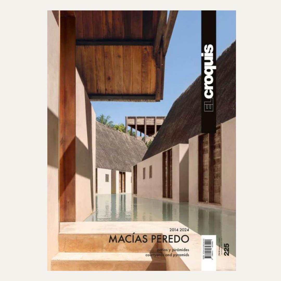 Magazine cover of El Croquis featuring a photograph of the Macias Peredo resort in Spain, with a modern architectural courtyard, thatched roofs, and a clear swimming pool.