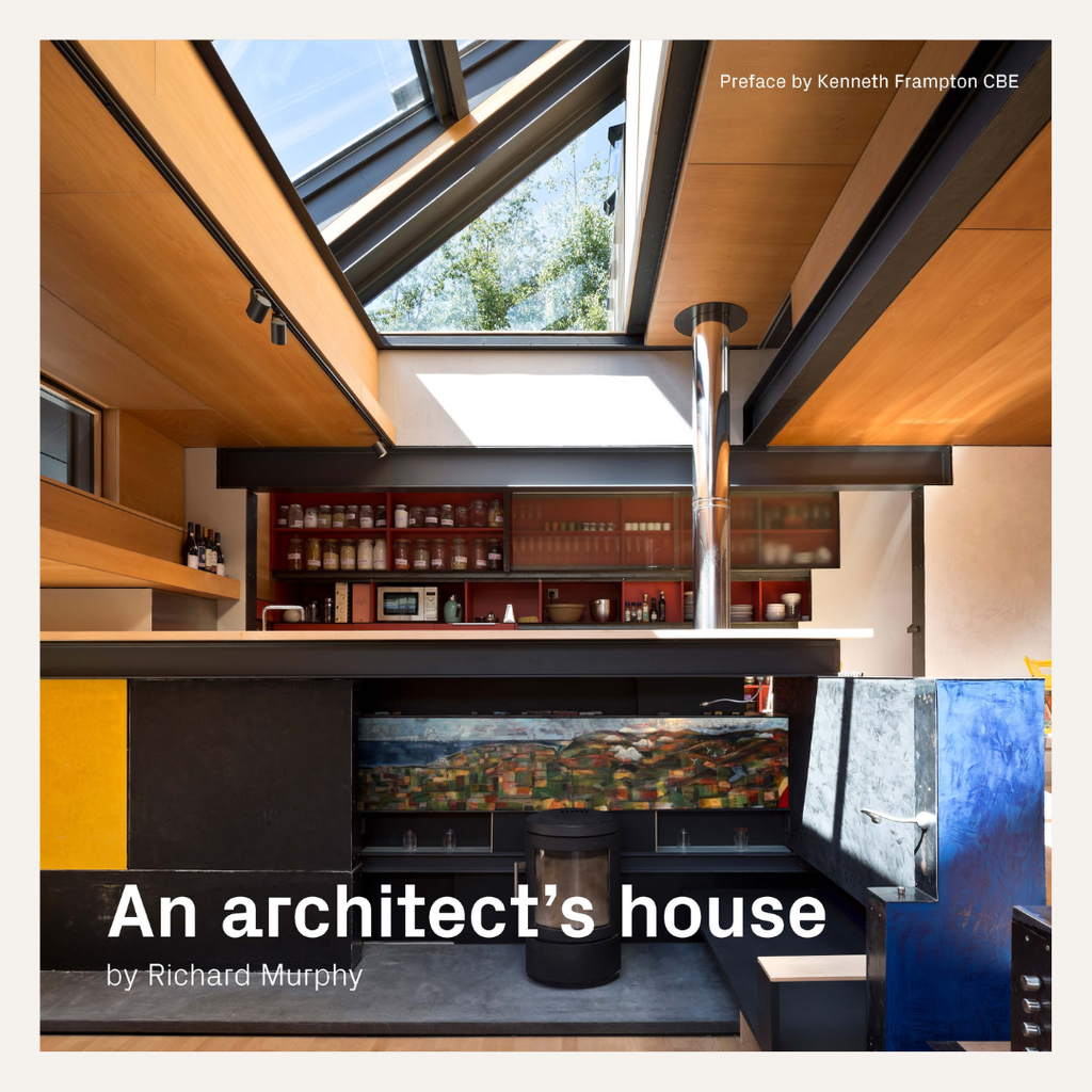 Book cover for 'An architect's house' by Richard Murphy, featuring a modern interior design photograph with a skylight, wood ceiling panels, built-in shelving, and a large blue textured wall panel. Text on the cover includes 'Preface by Kenneth Frampton CBE'.