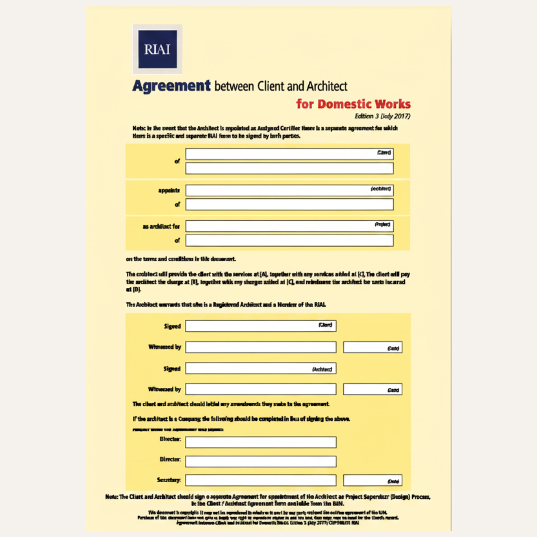 A document page titled 'Agreement between Client and Architect for Domestic Works' with a pale yellow background, blue header text, and multiple fill-in fields for client and architect details. The RIAI logo appears at the top left.