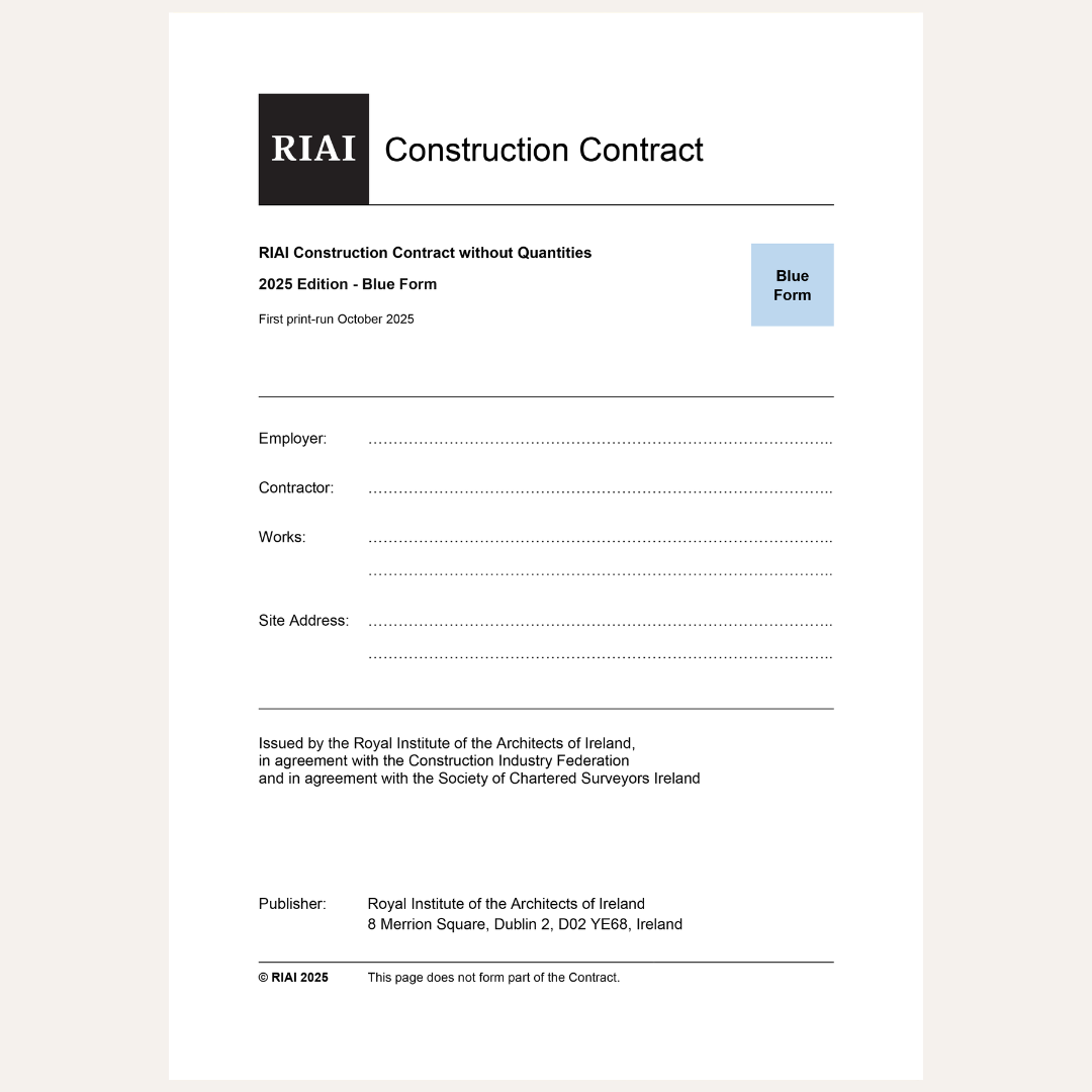A document page titled 'RIA Construction Contract' with fields for Employer, Contractor, Works, and Site Address, plus a small blue label reading 'Blue Form.' This is not a product photo, person, or environment; it is a digital/document preview, so subject_type is Other.