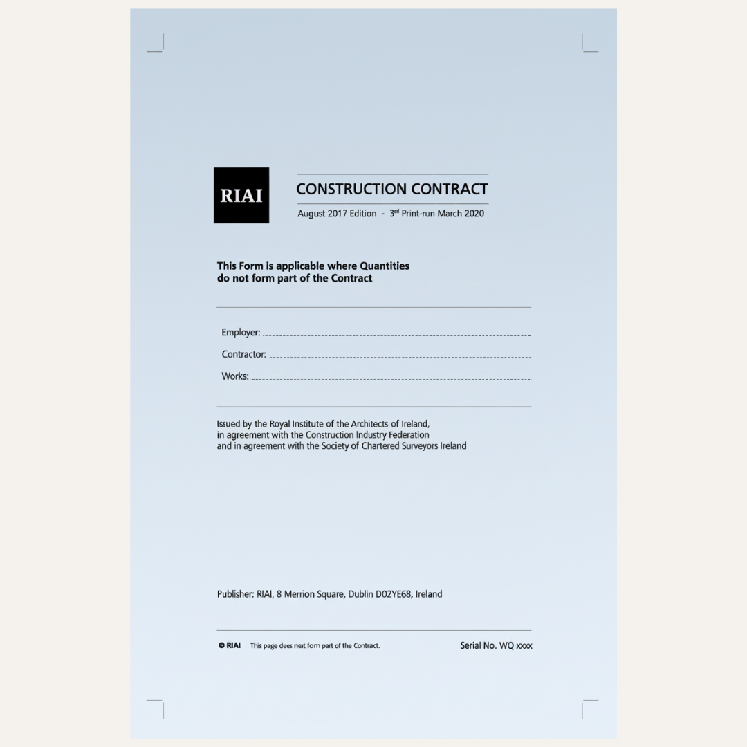 A light blue construction contract form with black text and the RIA logo at the top, shown centered on a light gray background.