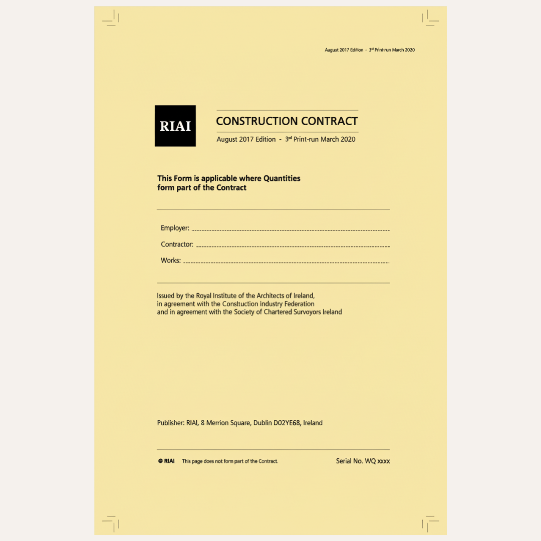 A construction contract form from RIAI, dated August 2017 Edition, printed on a pale yellow paper background with black text and a black logo block.