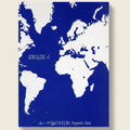 World map with white outlines on a blue background